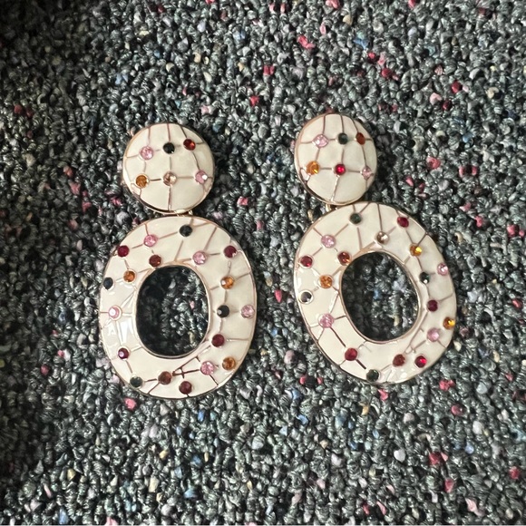 ZARA Off-White Cream & Colorful Gemstone Oval Dangle Statement Earrings Jewelry - Picture 8 of 12